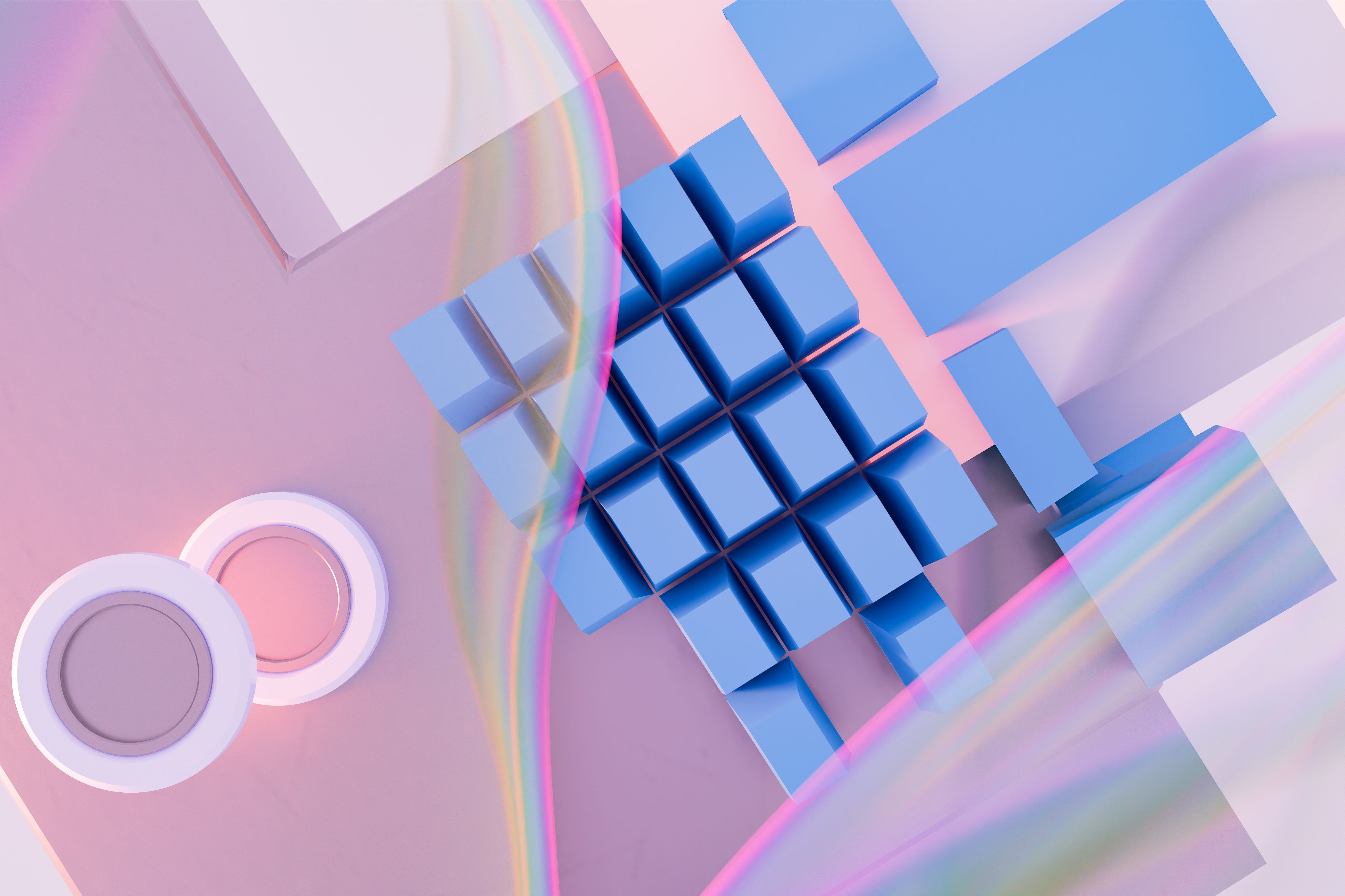 Blue cubes and rainbow waveforms on a reflective plane.
