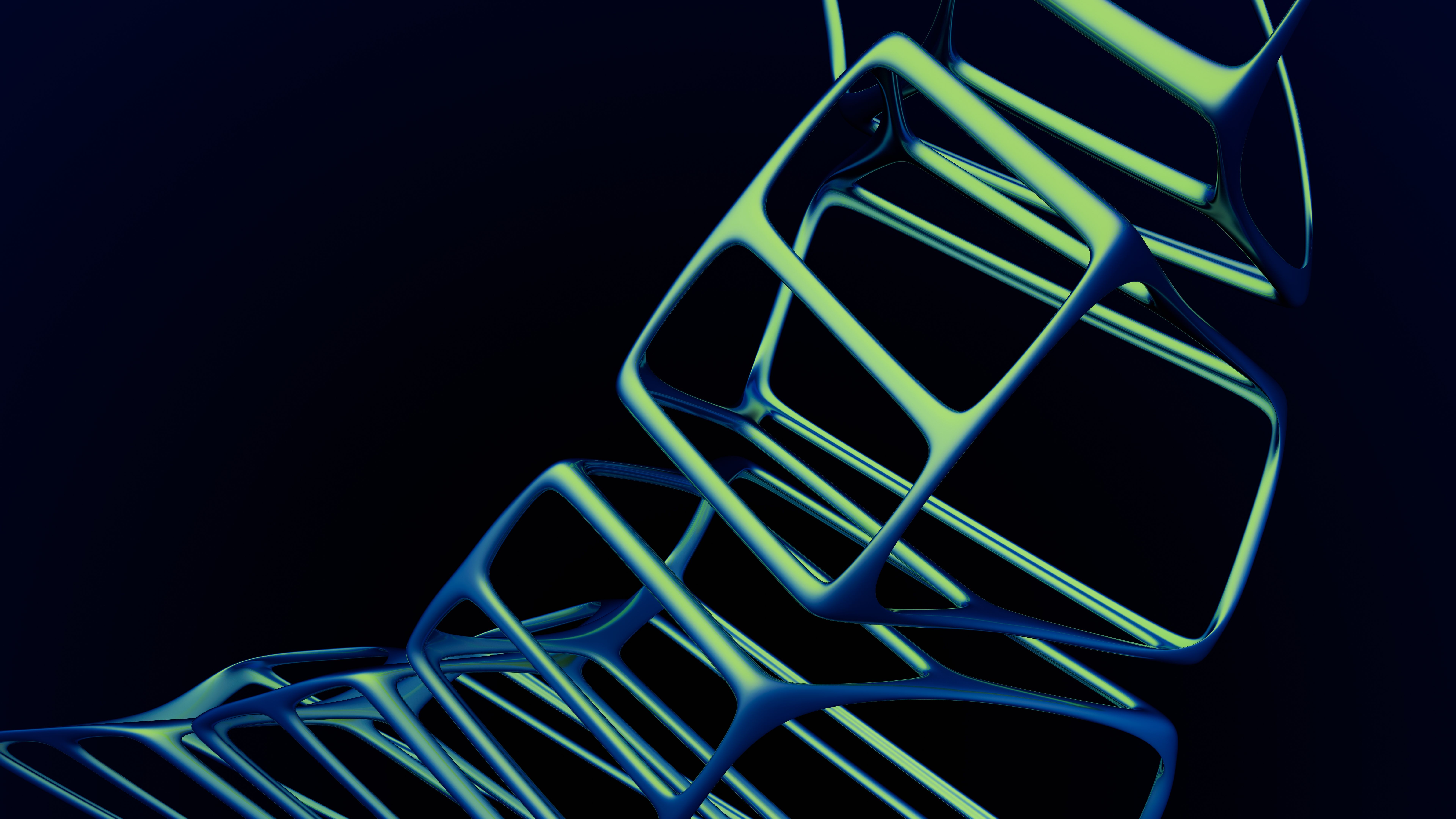 Luminous 3D geometric lattice in green and blue against a dark ground.