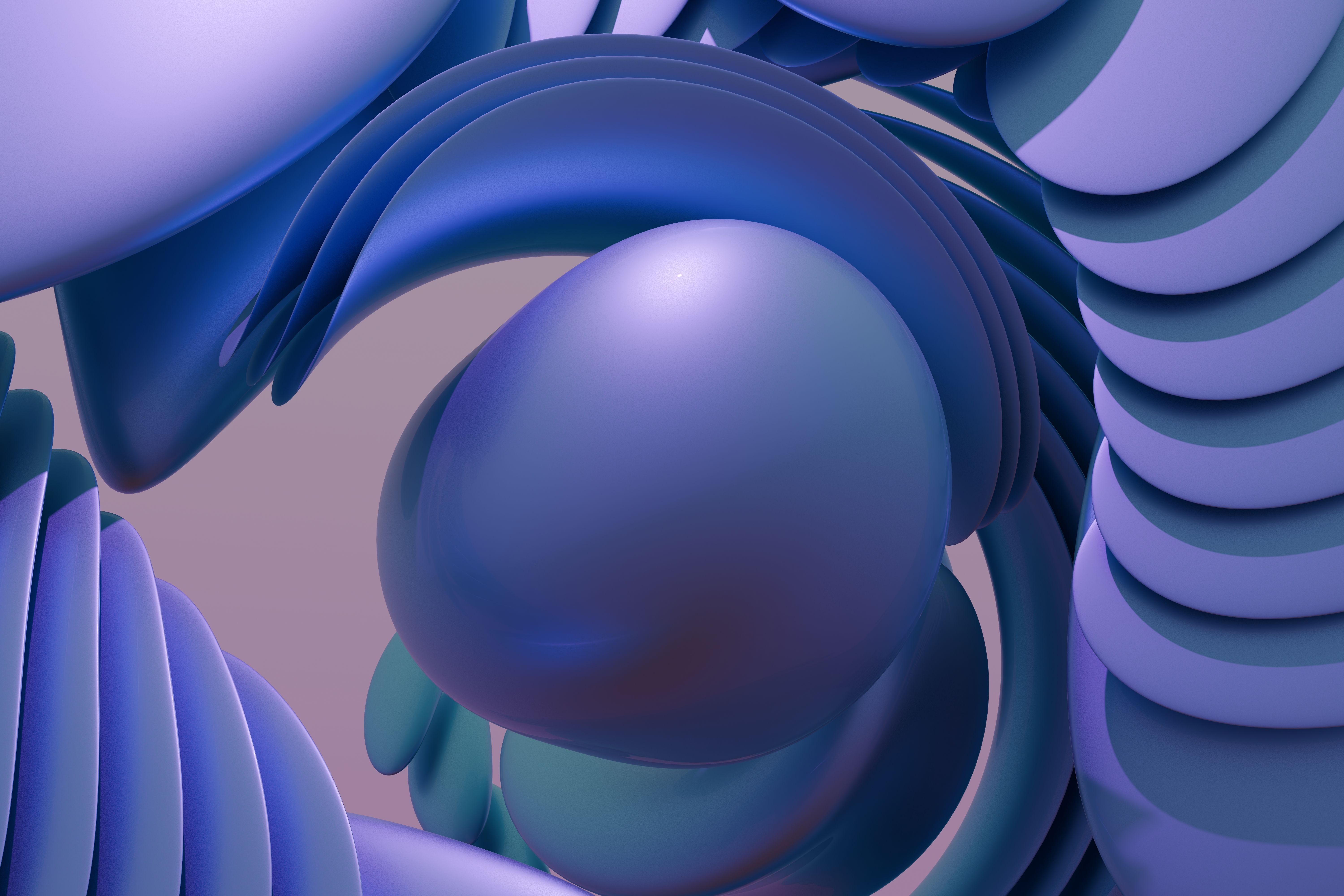 Soft lilac curved forms and spheres layered over one another.