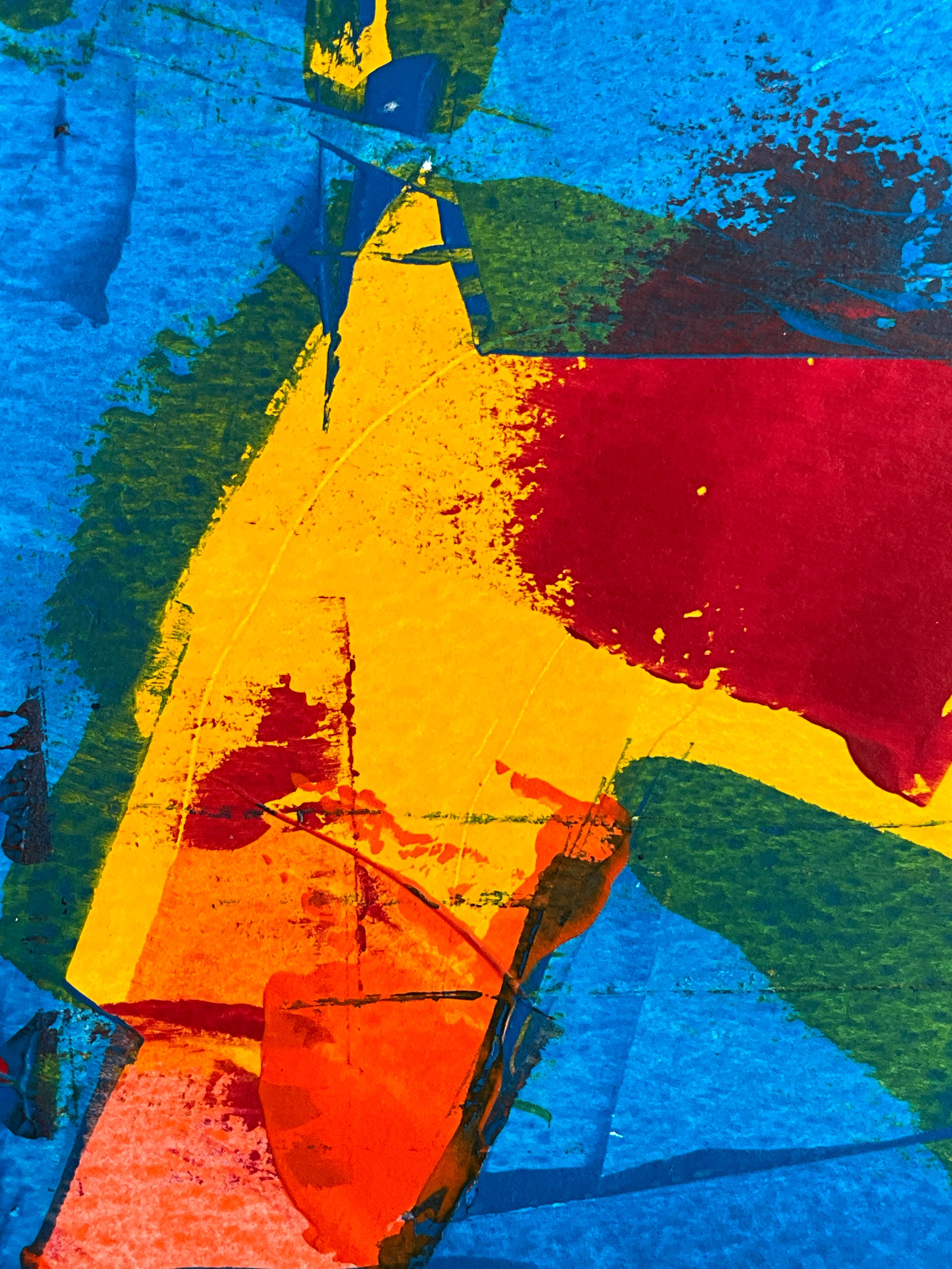 Bold brushstrokes in yellow, red, blue and green.