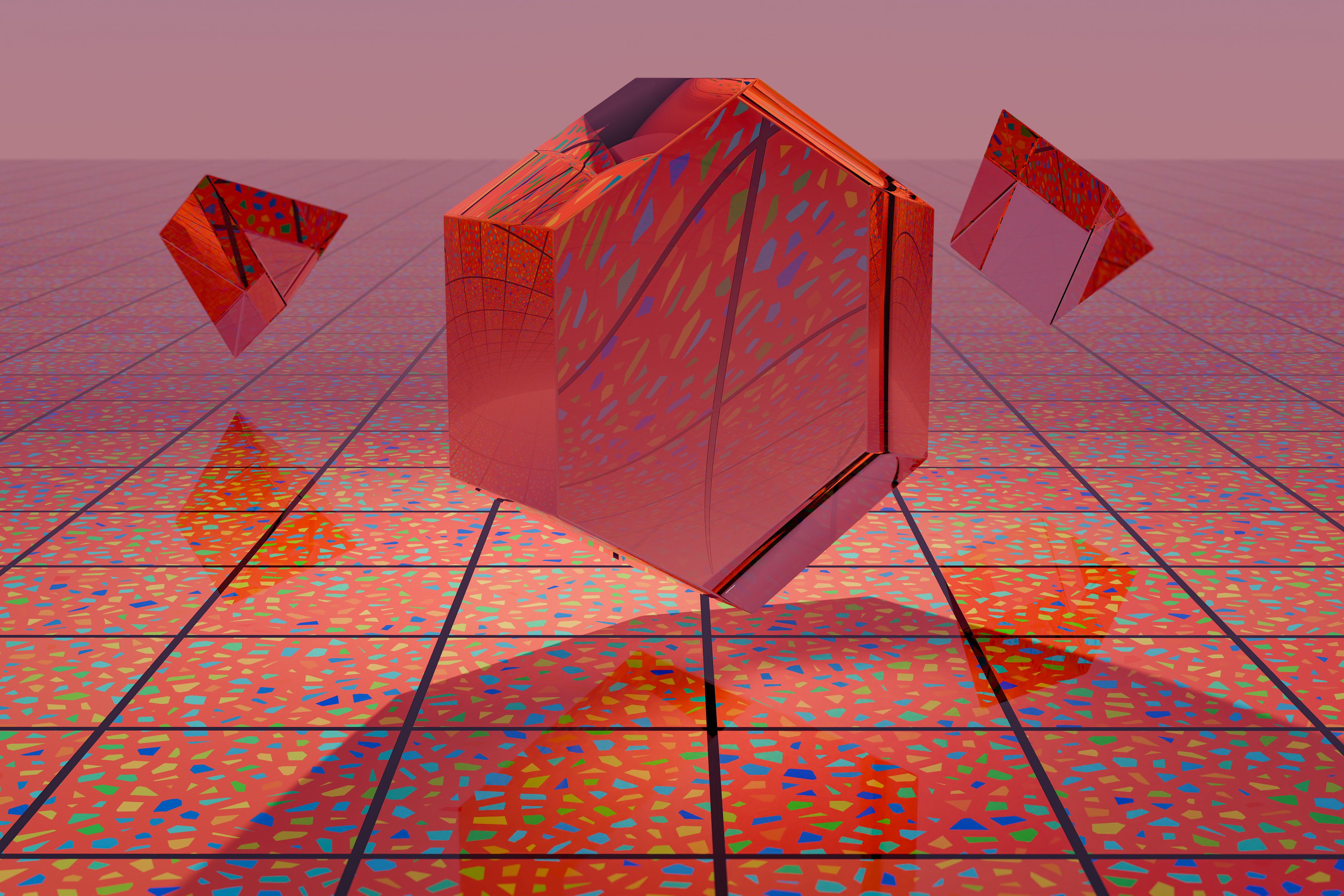 Red hexagonal prisms on a reflective tiled floor, rendered in 3D.