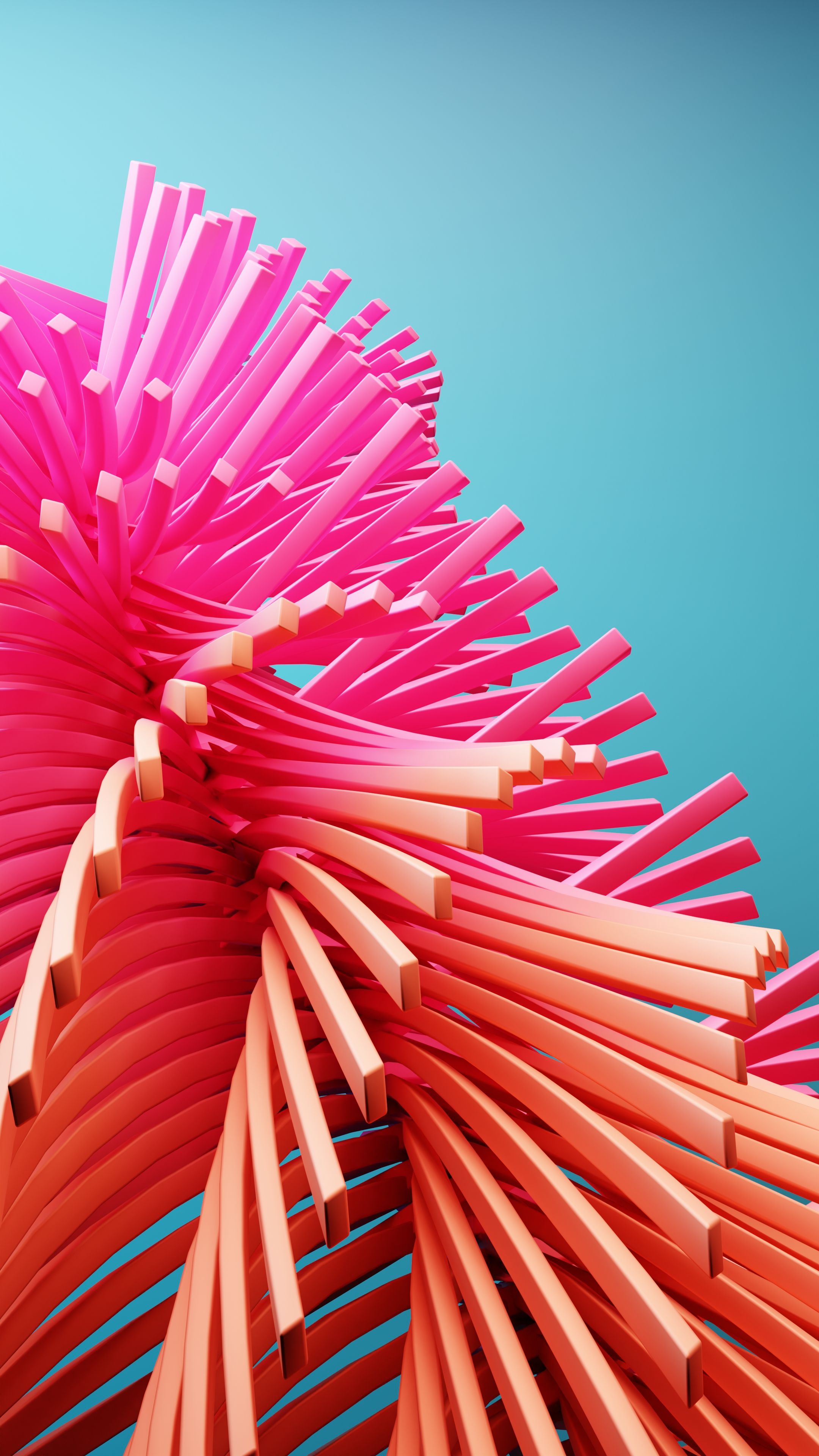 Pink and orange bristles spiralling upward against a bright blue sky.